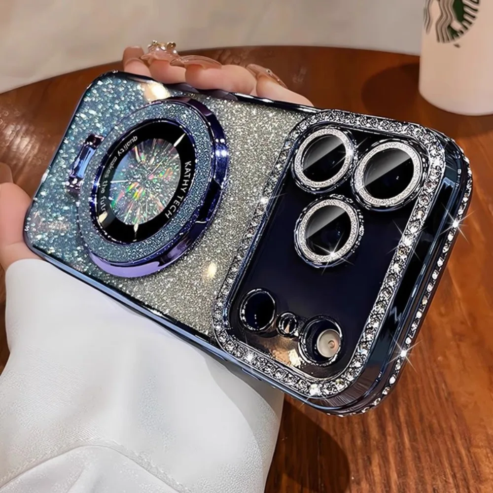 Suitable for iPhone17/16/15/14/13/12/11 Case With Lens Film 16 Anti-drop 15 Rhinestone Glitter Magnetic Stand - Image 5